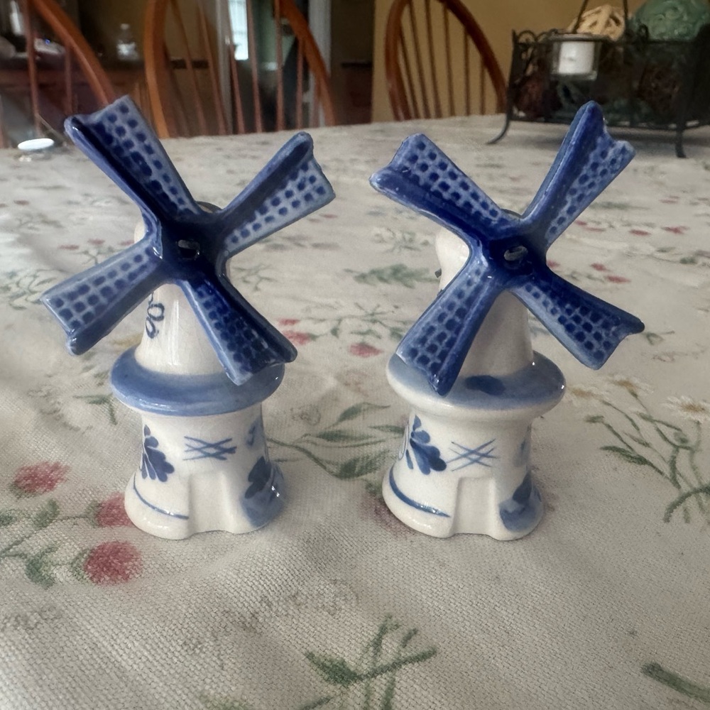 Blue and White Windmill Salt and Pepper Shakers 3 .5 tall